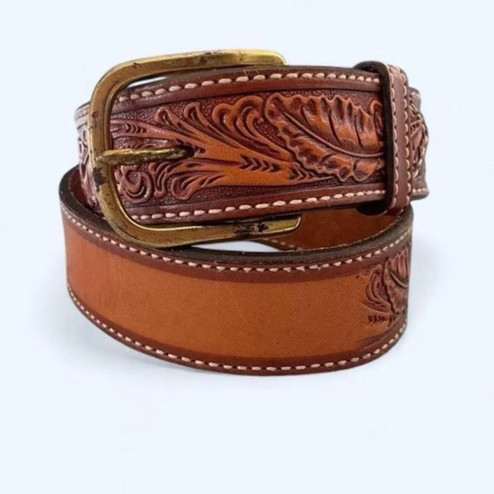 Circle Y Kids Brown Floral Tooled Leather Western Belt Size 28 Brass Buckle